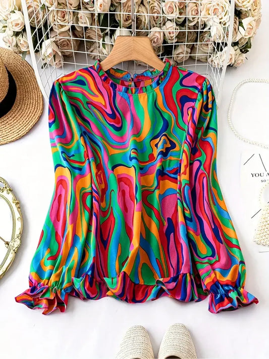 Plus Size 1XL-5XL Women Fashion Round Neck Long Sleeve Boho Blouse.