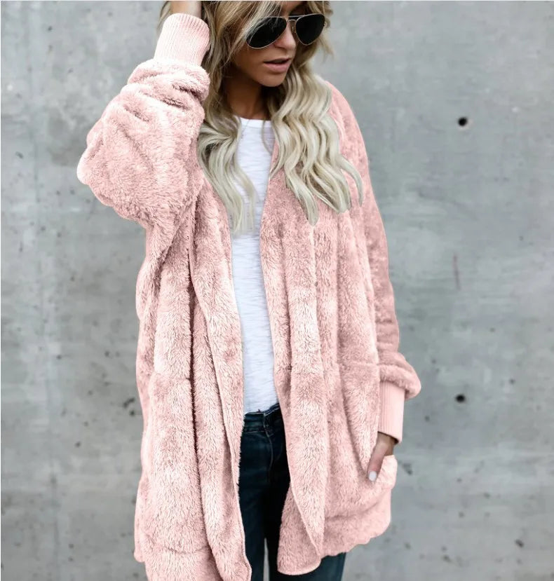 Double Fleece Cardigan Solid Colour Long Sleeve Plush Warm Hooded Lady Oversized Outerwear Coat.  S-5X