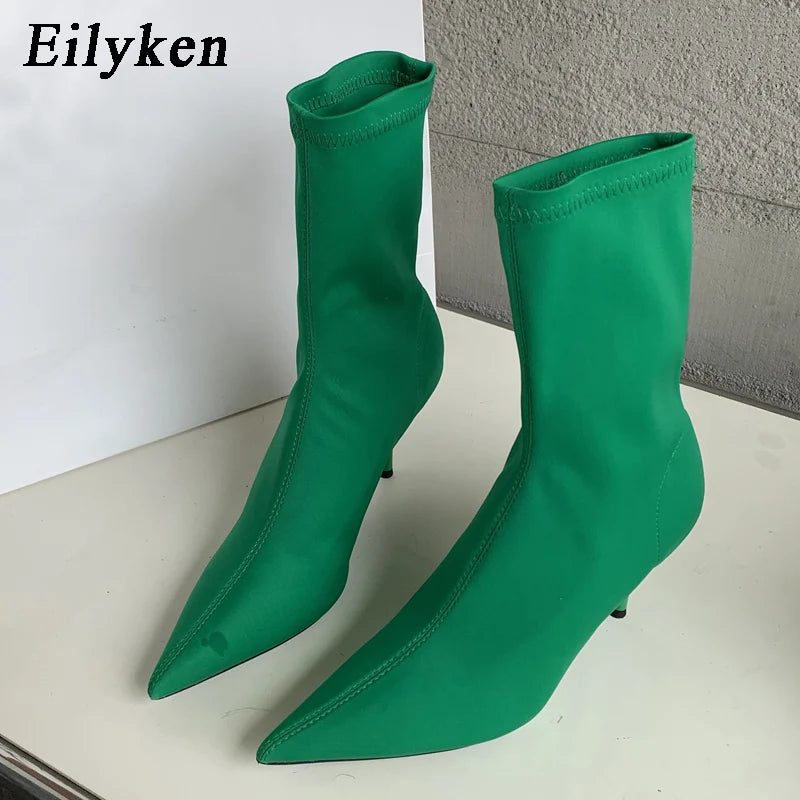 Women's Stretch Fabric Ankle Boots - Pointed Toe Thin High Heels