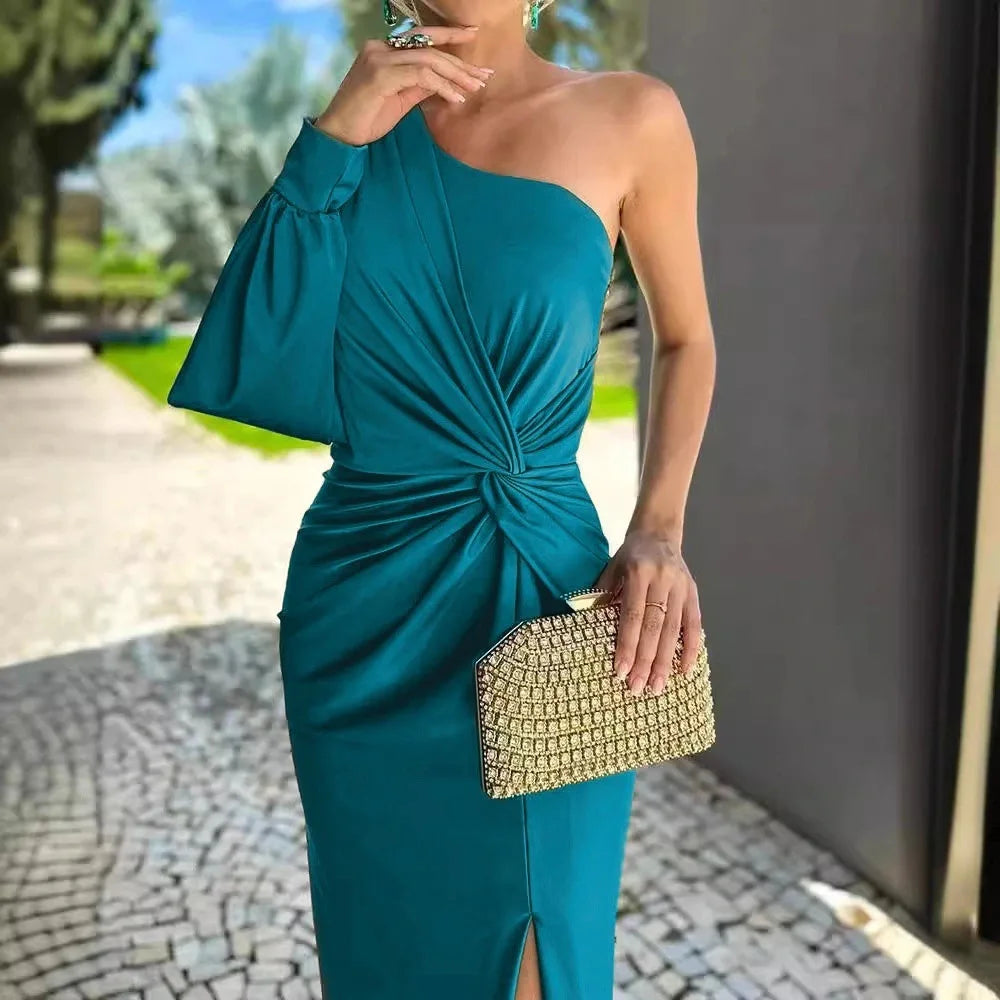 Women's Sexy Party Spring Summer New Skew Collar Fashion Maxi Dress One Shoulder Ladies Dress.  S-3X
