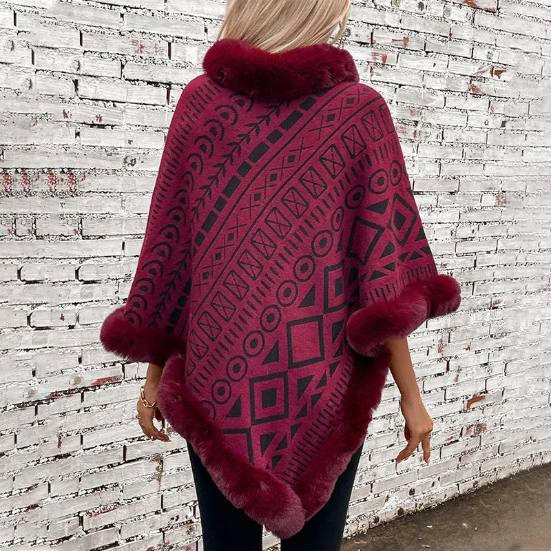 Women Poncho/ Sweater Pullover Fur Collar Cloak Irregularity Warm Thick Elegant Autumn Winter Casual Poncho