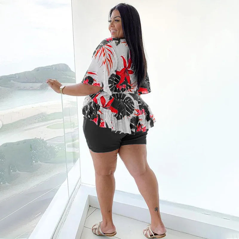 Curvy Size Comfortable Floral Print Two Piece Short Set.