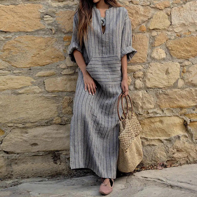 Women's Casual Loose Short Sleeve Dress, Cotton Linen  Boho Long Dress, Summer Vintage Dress.   S-5X