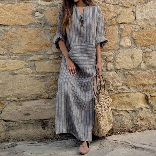 Women's Casual Loose Short Sleeve Dress, Cotton Linen  Boho Long Dress, Summer Vintage Dress.   S-5X