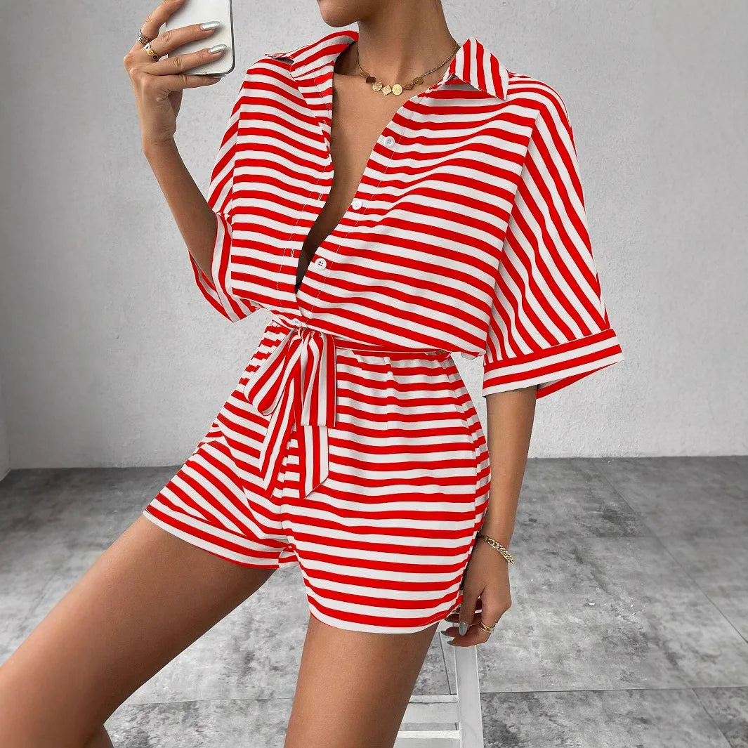 Summer New Set For Women's Casual Loose Comfortable Outfit Fashion Striped Shirt Top+ Shorts 2-piece Set.  S-2X