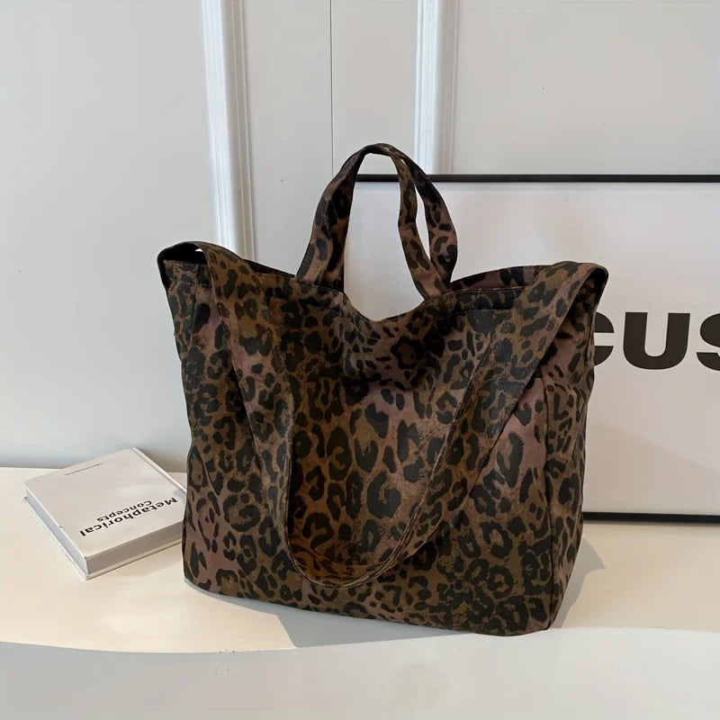 Vintage Leopard Print Women's Bag Large Capacity Canvas Shoulder Bags Daily Commuting Crossbody Bag.