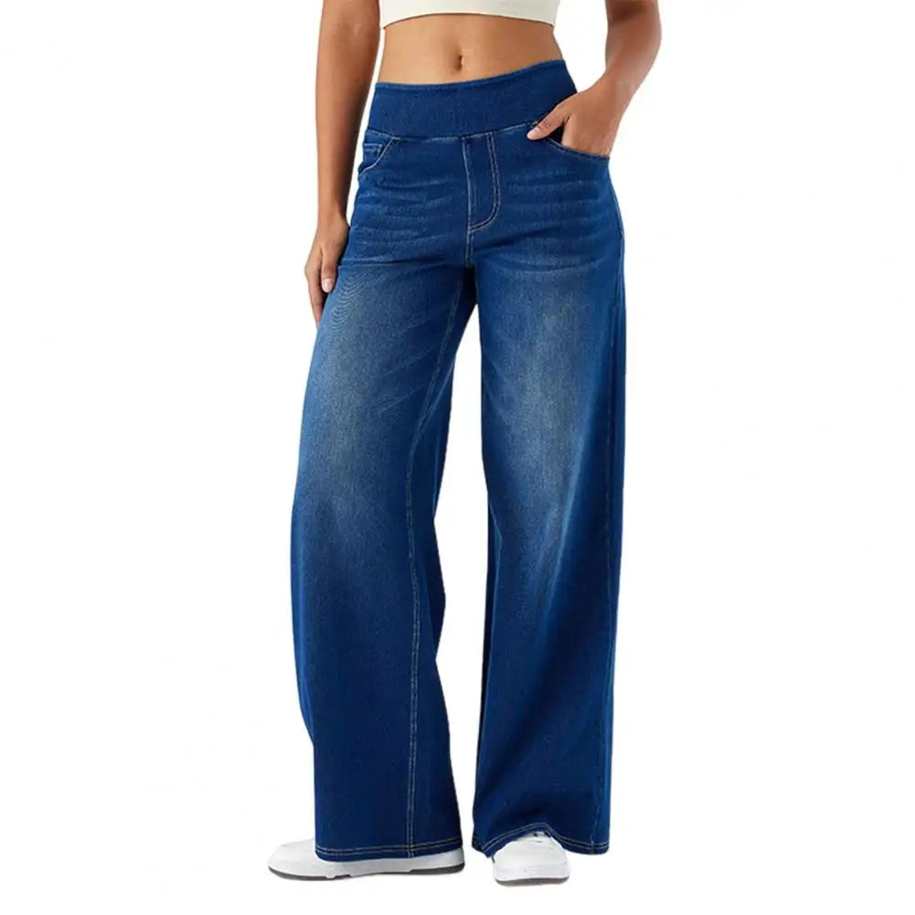 Women's High Waist Wide Leg Jeans - Elastic Waist Denim Pants with Pockets.  XS-XL