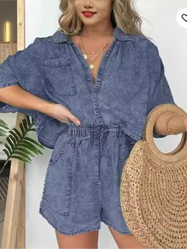 Fashion Vintage Simple Fashion Pocket Casual Loose 2 Piece Set.   S-3XL