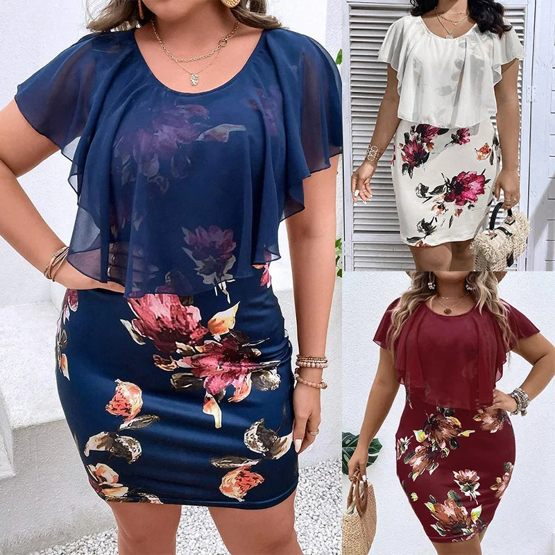 Women's 1XL-5XL Plus size New Chiffon Round Neck Mesh Printed Large Loose Hip Dress for Women