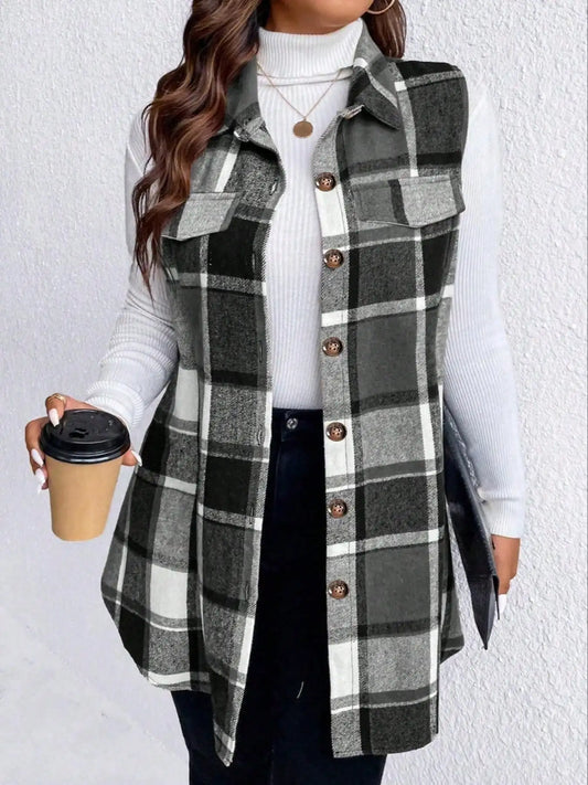 Women Plus Size 1XL-5XL Plaid Print Sleeveless Thick Vest Women Outwear