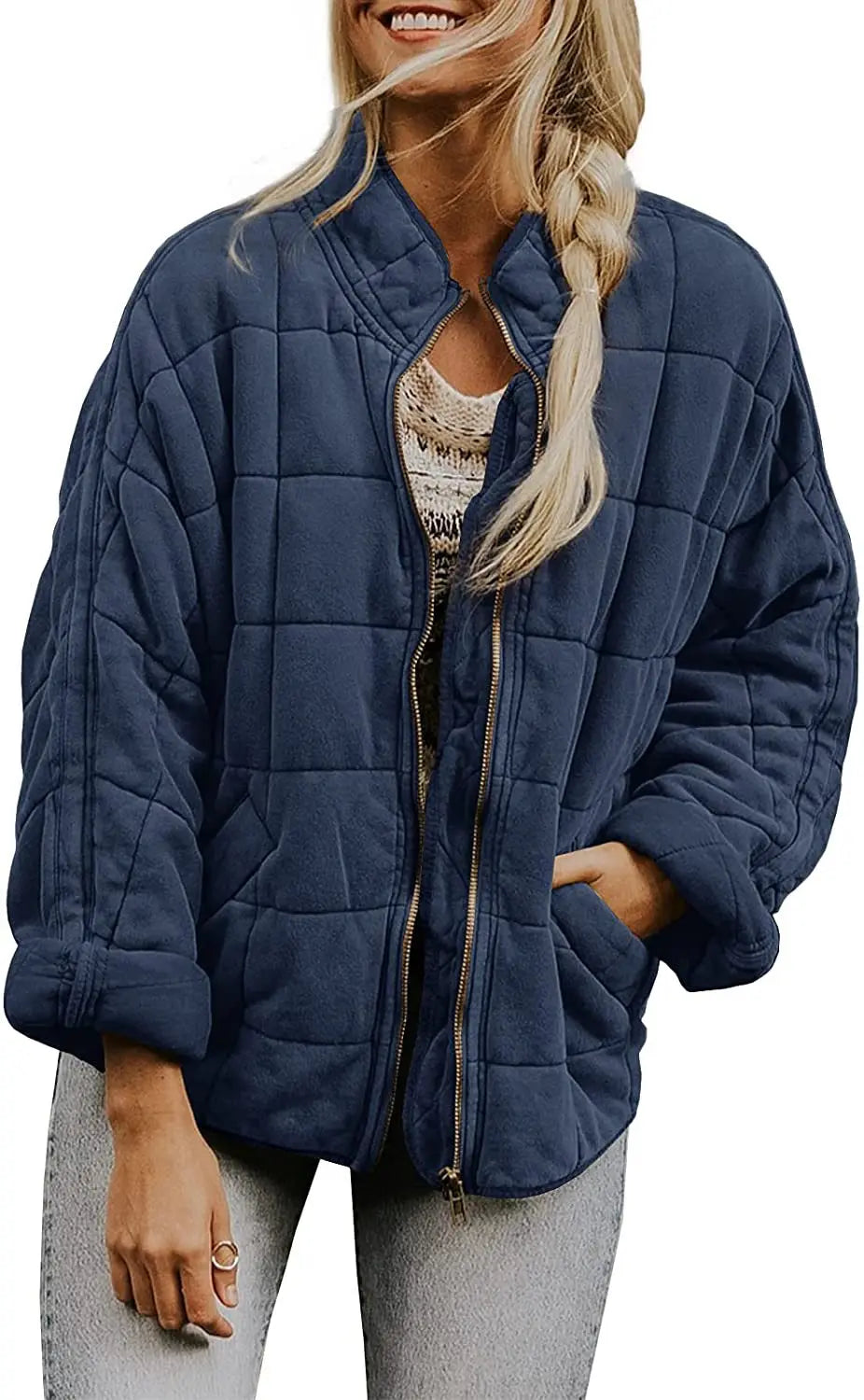 Solid Colour Stand-up Neck Cotton Jacket New Loose Pocket Long-sleeved.  S-2X