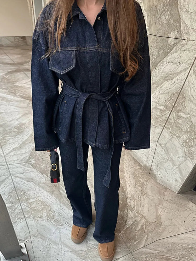 Chic Denim Lapel Jacket Long Pant Woman's Set Retro Single Breasted Jackets With Belt Straight Trouser Sets Lady Classic Outfits.   S-L