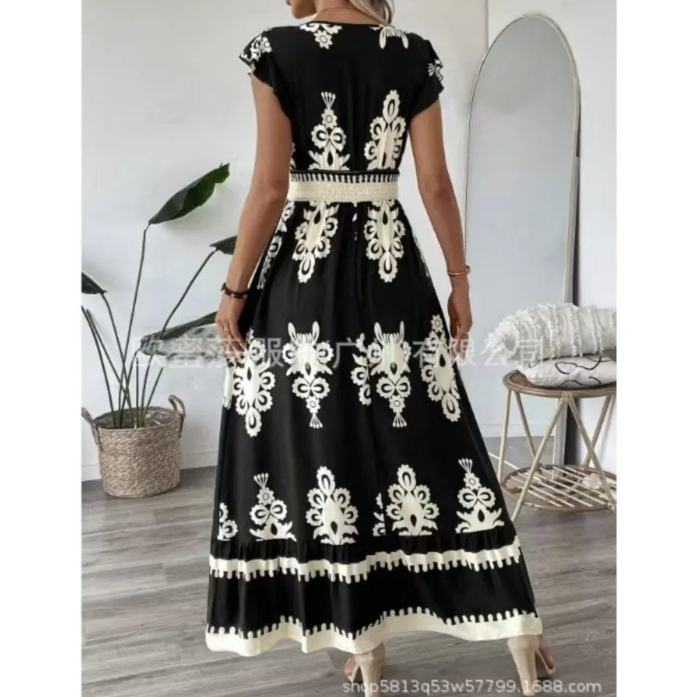 Women's Print Dress Summer Fashion High Waist Slim Body Casual V Neck Swing Elegant Ladies Long Dress.  S-XL