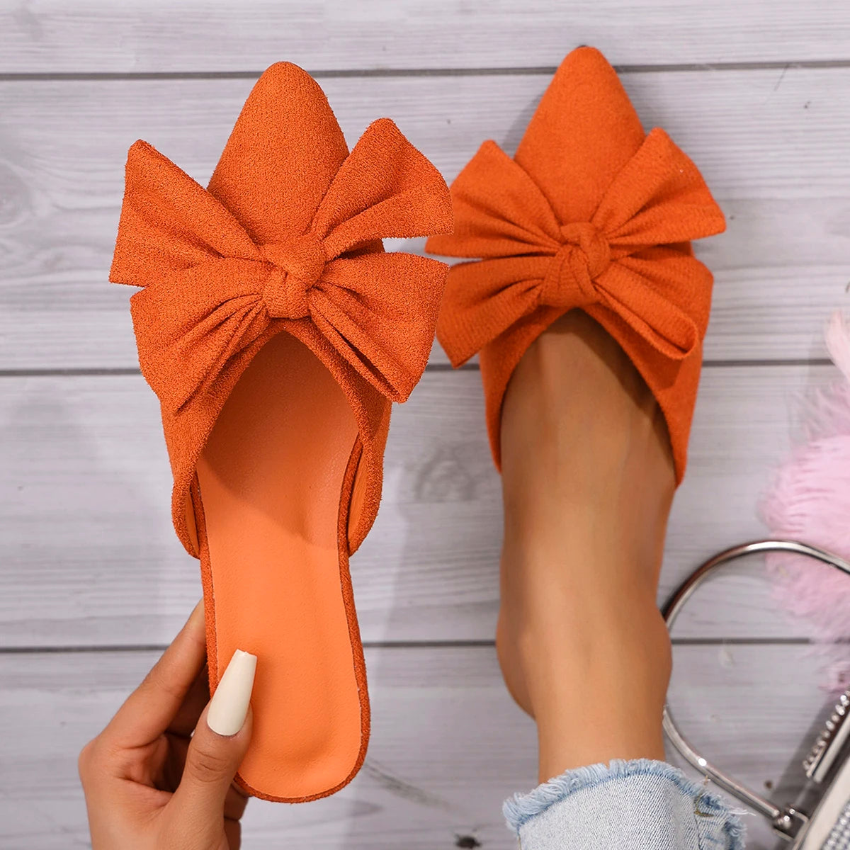 Women Bow Flat Summer Non Slip Slides.