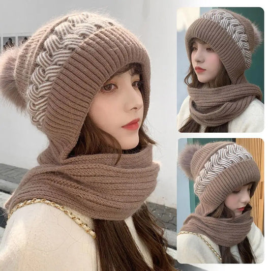 Winter Womens Knitted Hat Double Warm Padded Thick Hat Scarf.