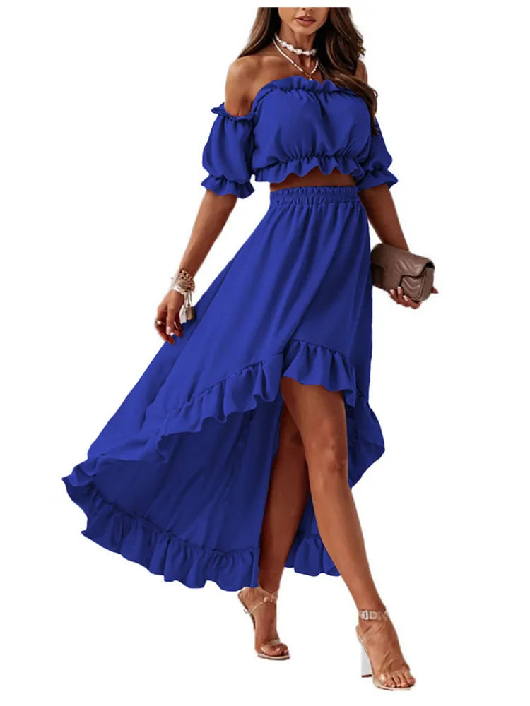 Off Shoulder Two Piece Set Women Summer Ruffle Outfit Puff Sleeve 2 Piece Set