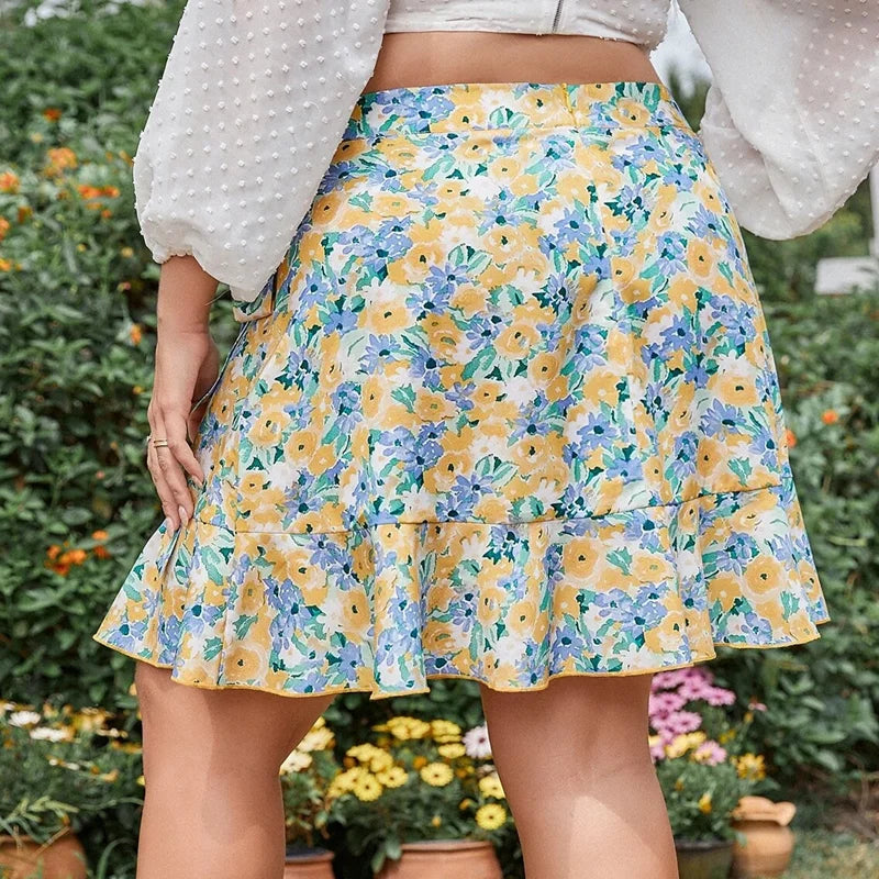 Plus Size Floral Print Elegant Summer Wrap Skirt Elastic Tie Waist Ruffle Hem Casual Skirt Large Size