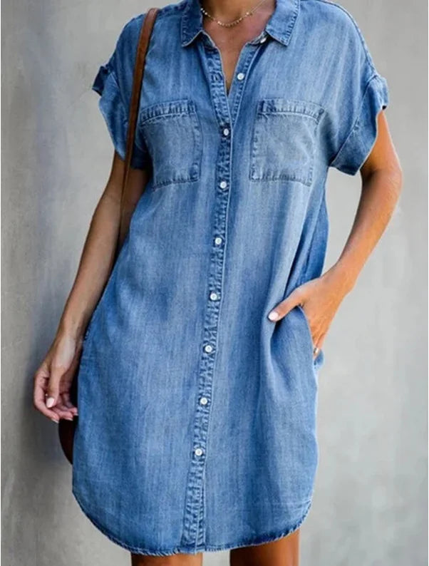 Summer New Single Breasted Denim Shirt Dress Casual Loose Pocket Simple Retro Denim Dress.  S-5X