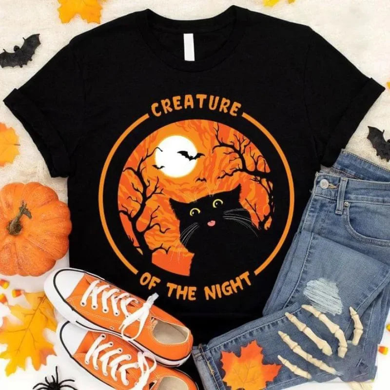 Halloween Mom Witch Black Cat Print T Shirt Women Short Sleeve O Neck Loose Women Tee Shirt .  Camisetas Mujer.   S-3X