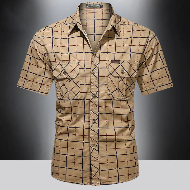 Checkered  top quality short sleeved shirt for men 2025 new summer thin business pure cotton loose oversized elegant striped shirt.  M-5X