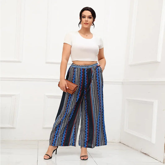 Women's plus size fashion trend wide-leg pants striped blue elastic waist pants