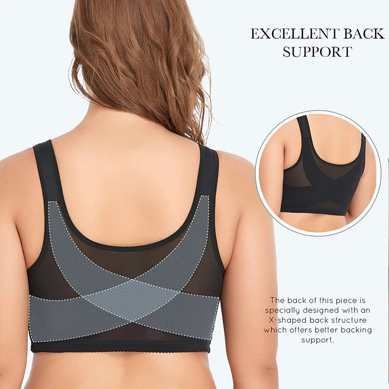 Women Plus Size Sports Bra Front Closure Full Coverage Lace Underwear Thin Mold Cup Bras Back Support Shapewear Wide Strap Vest