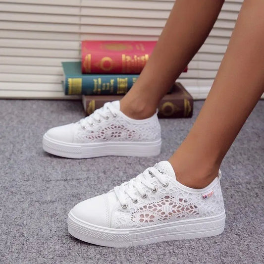 Quality Women Fashion Summer Casual White Sneaker/Shoe Cutout Lace Canvas Hollow Breathable Platform Flat Shoes Woman Sneakers