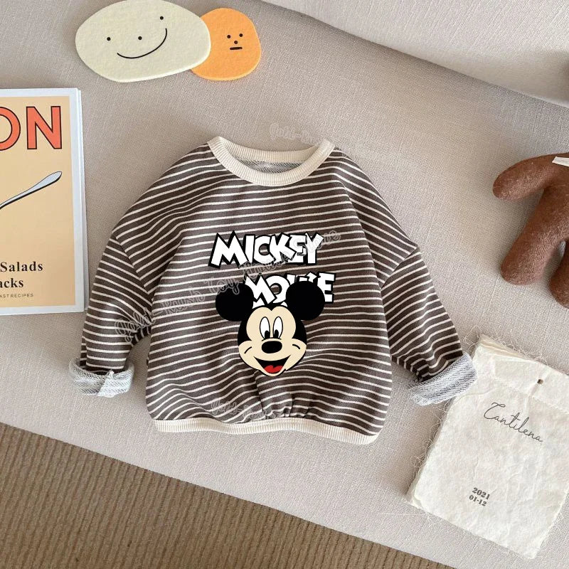 Disney Mickey Mouse 1-8T Cotton Children Clothing Long Sleeve T-shirts Striped Boy Girl Tops Kids T-shirt Autumn Spring Tee Kids