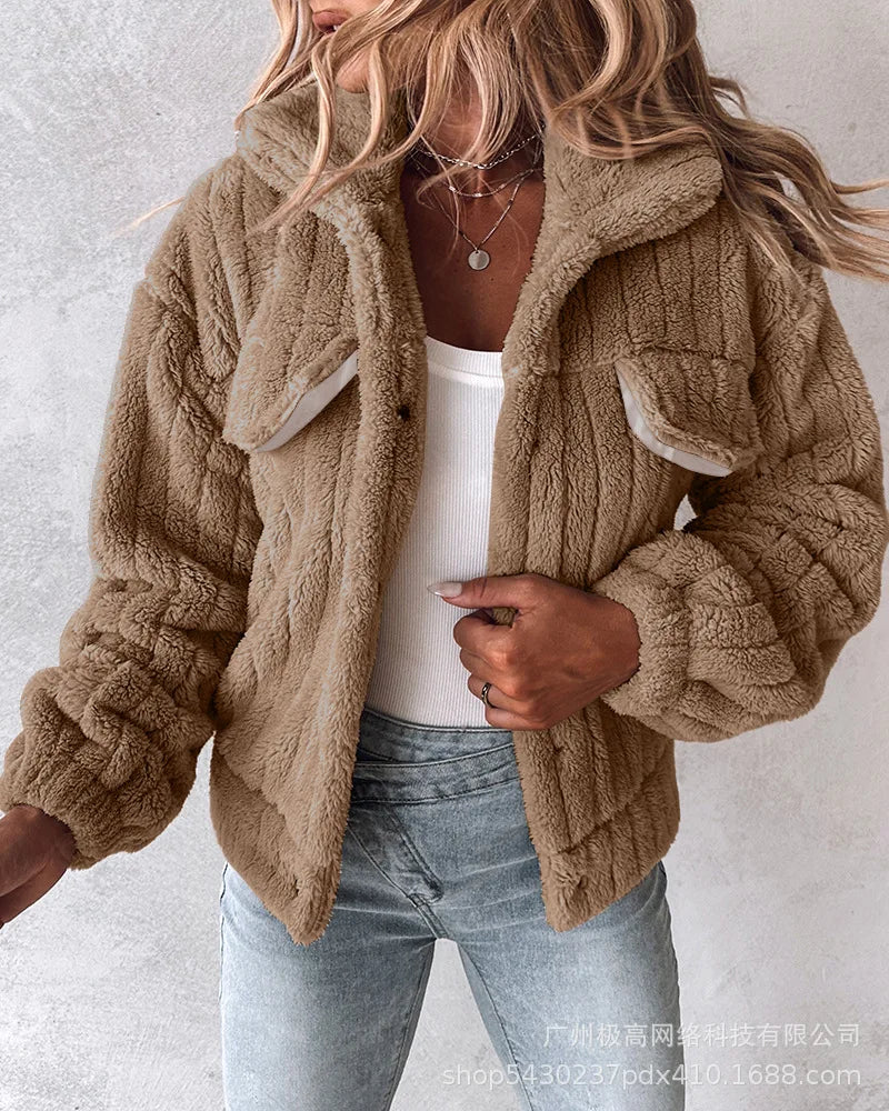 Women's Outerwear Solid Color Long Sleeved Lapel Fashionable Plush Thick Coat.  S-XL