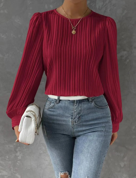 Women's Casual  Solid Round Neck Long Sleeve Blouse .