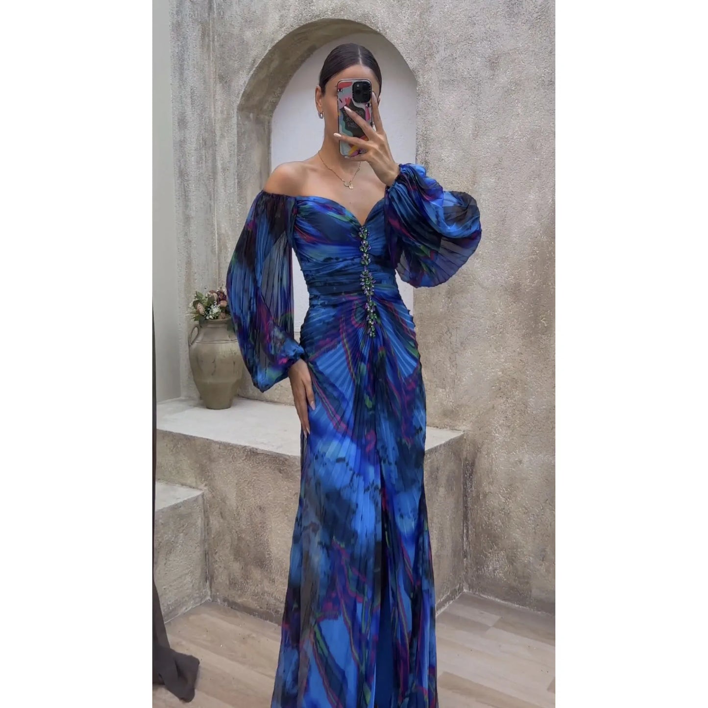 Women Floral Lantern Long Sleeve Dress Elegant Rhinestone Off Shoulder Maxi Sexy Deep V-neck Party Dress.  S-XL