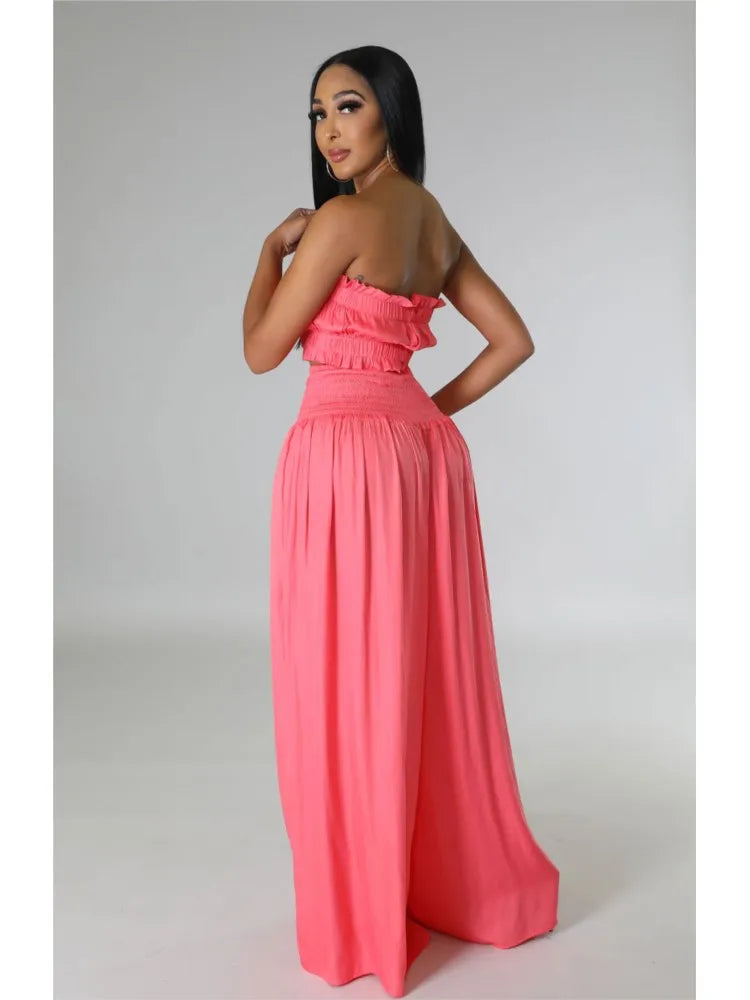 Sexy Ultra Short Breast Wrap And Pants Stylish Ladies 2 Piece Strapless Top + Loose Wide Leg Pant Suit.  S-xxL