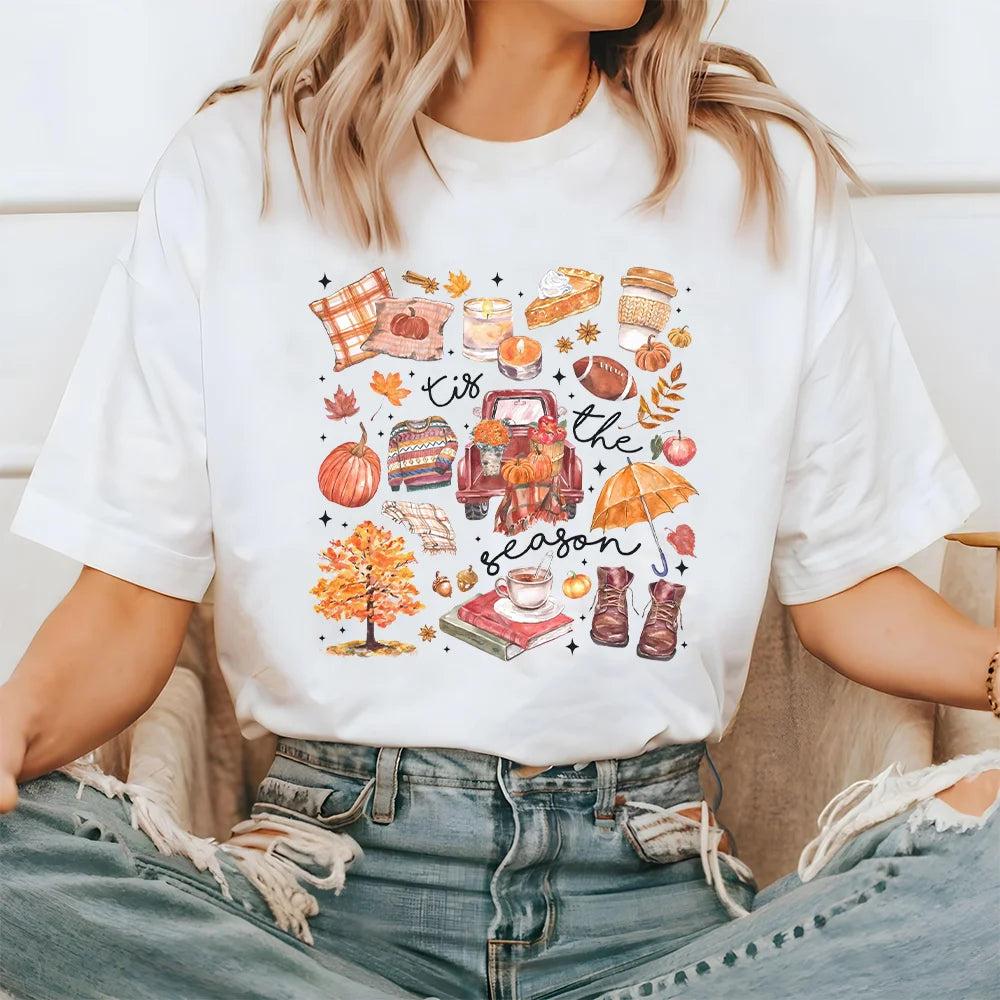 Women's Fall Shirt Pumpkin Season Short Sleeves Fashion Fall Harvest  Tshirt .  S-2X