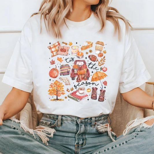 Women's Fall Shirt Pumpkin Season Short Sleeves Fashion Fall Harvest  Tshirt .  S-2X