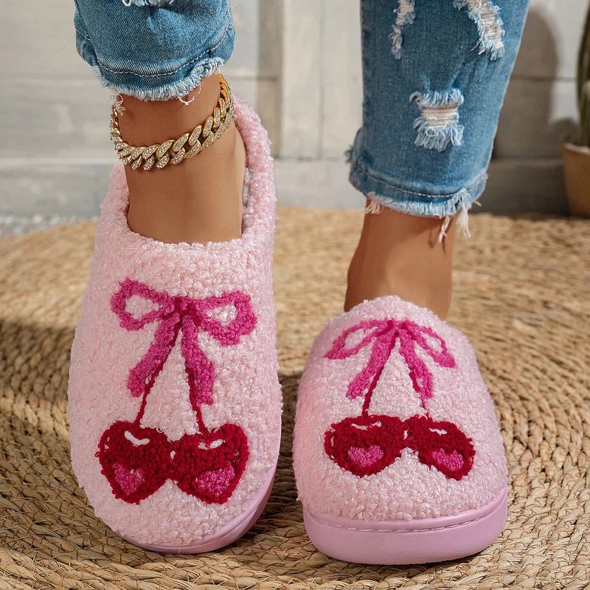 Women's Cherry Bow Fuzzy Slippers - Cute Winter Home Shoes
