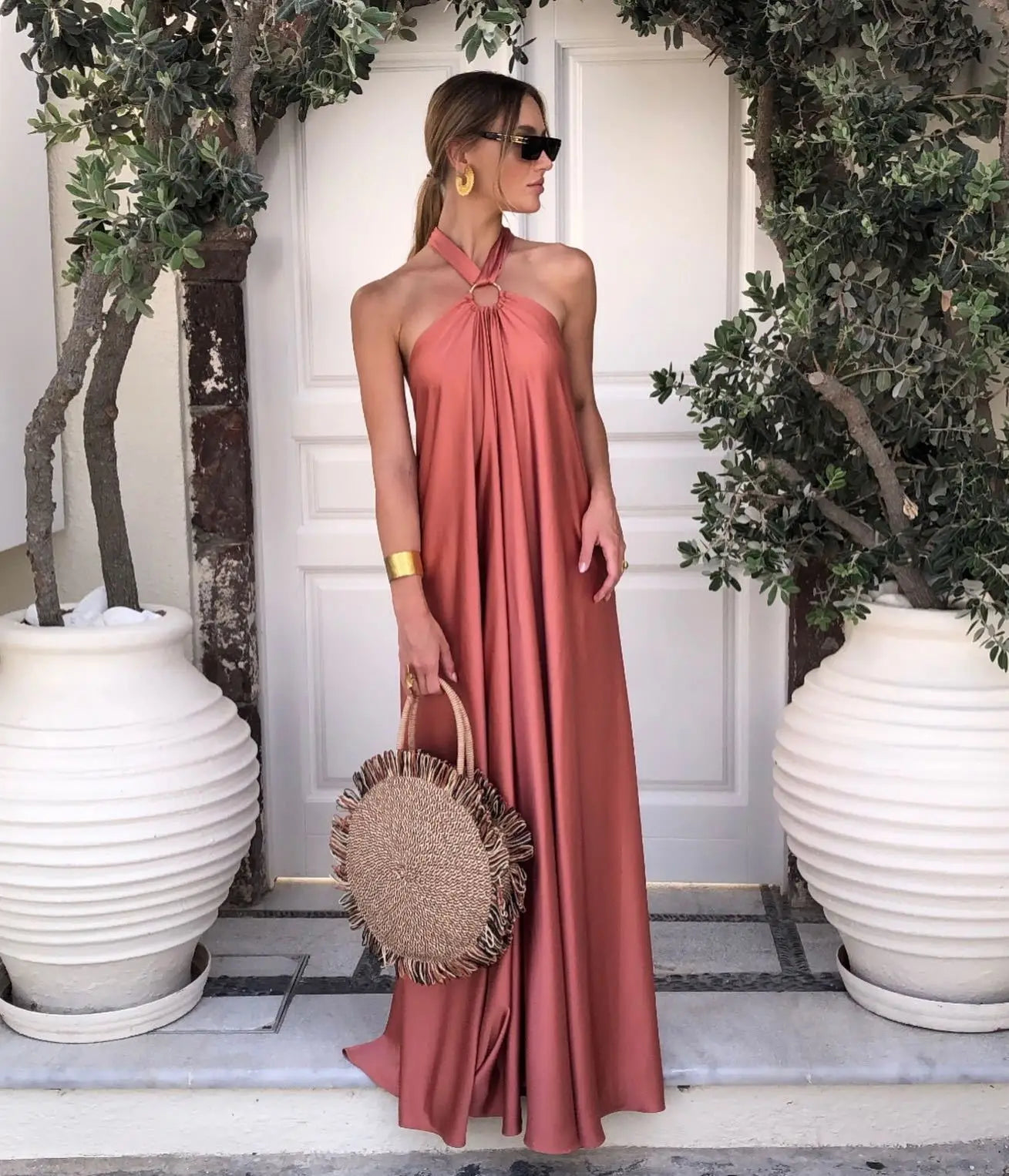Loose Halter Neck Backless Sexy Satin Evening Dress New Fashion Elegant Dress. S-XL