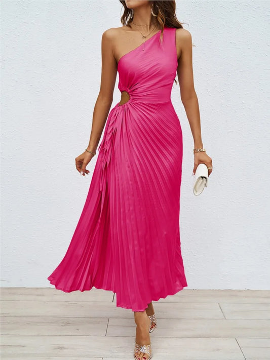 Women's Fashion One-shoulder Slant Neck Line, Pleat Hollow Out Dress Elegant Evening Dress Wedding .
