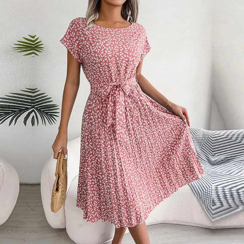 Women Spring Summer Short Sleeve High Waist Fashion Floral Pleated A Line Long Dress.  S-6X