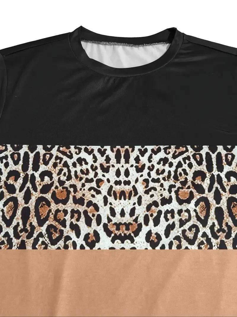 Women Fashion Leopard Print Two Piece Set Outfit Casual Long Sleeve Contrast Colour Tops and Pants.