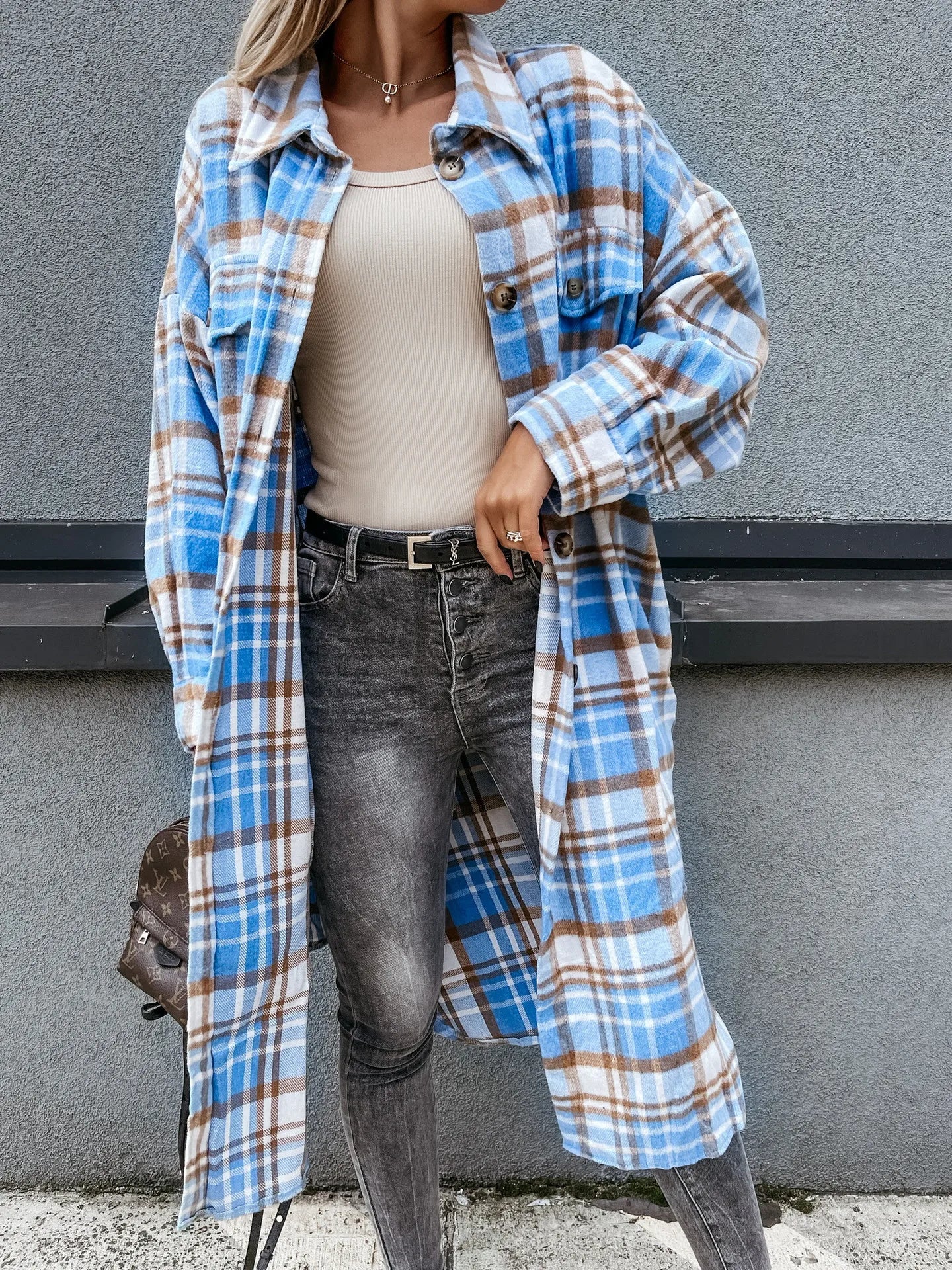 New Women's Loose Casual and Versatile Mid-length Plaid Shirt