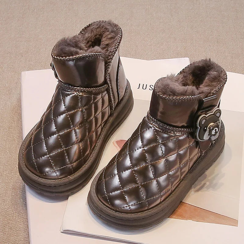 Kids Fashion Boots for Boys Girls Unisex 2024 Autumn Winter Cartoon Bear Classic Slip-on Children Thermal Snow Ankle Boots Warm