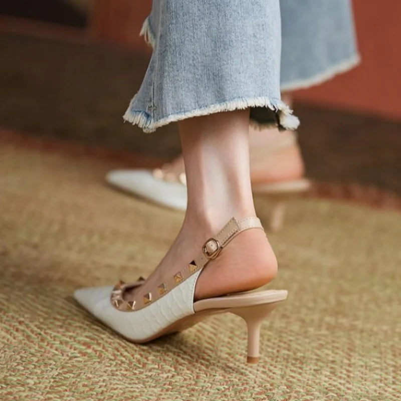 Sexy Women Sandals Rivets Pointed Toe Slingbacks Patent Leather Mid Heels Snakeskin Pattern Sandal