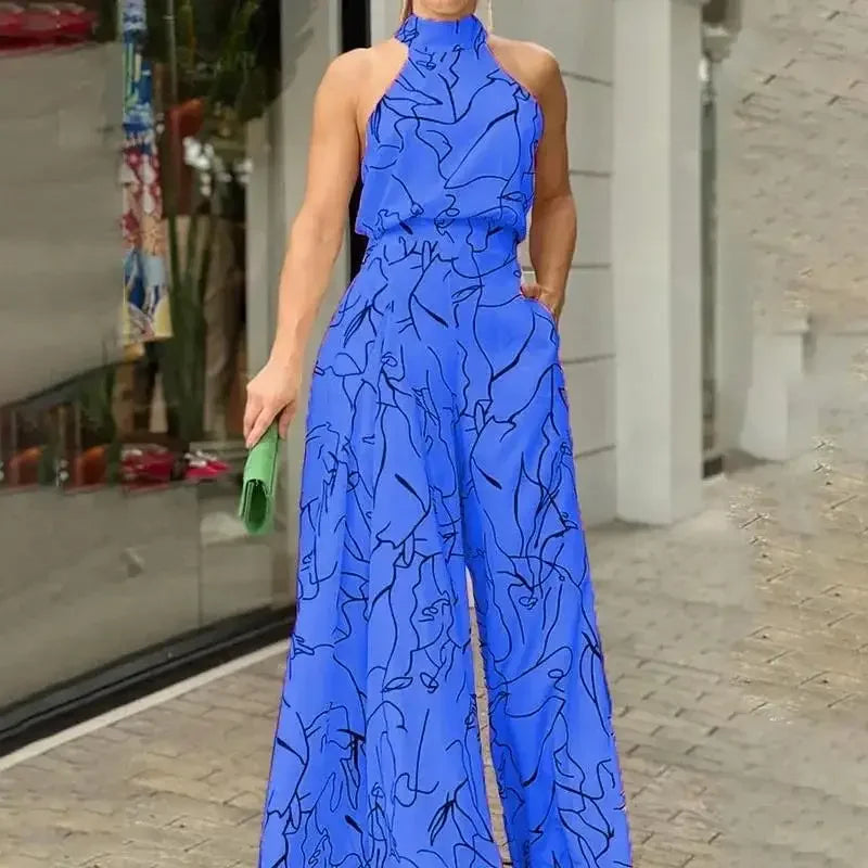 Women's Elegant Jumpsuit Wide Leg Long Pant Summer Sexy Sleeveless Women Casual Print Jumpsuit.  S-3X