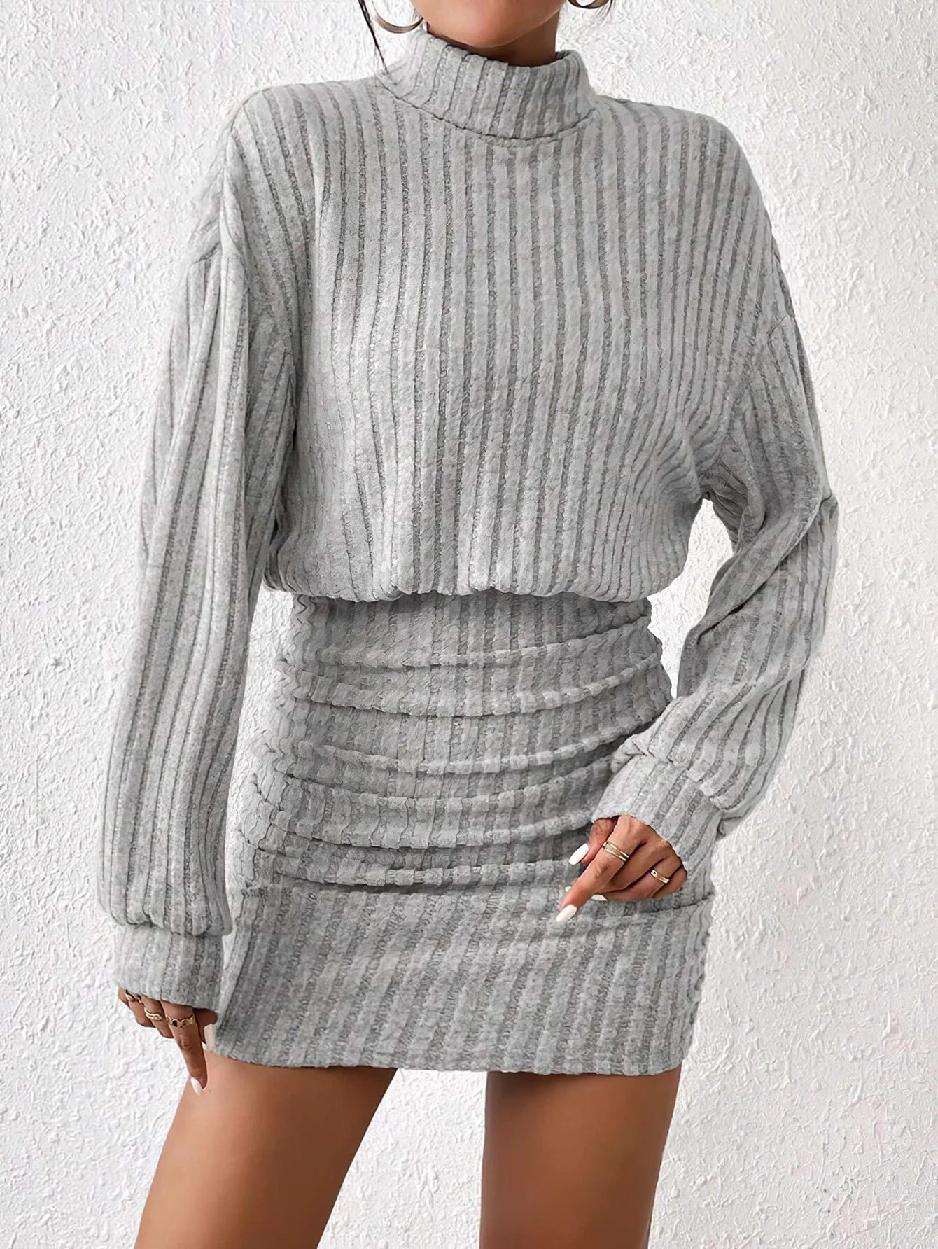 Women's Autumn Winter Fashion High Neck Knitted Sweater Dress Casual Solid Loose Long Sleeve Warm Mid Length Dress