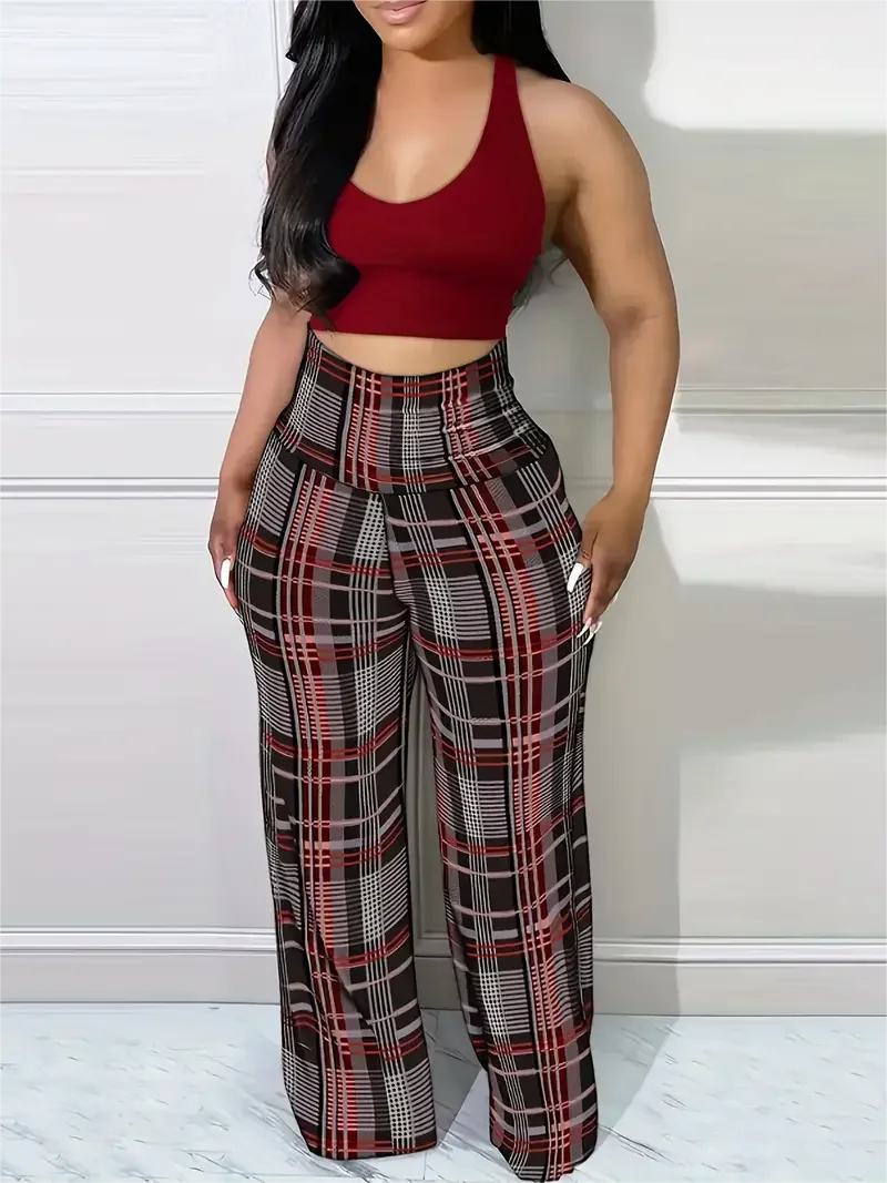 Women's Plaid Wide Leg Pants High Waist Casual Comfortable Loose Fit Pants. S-2x