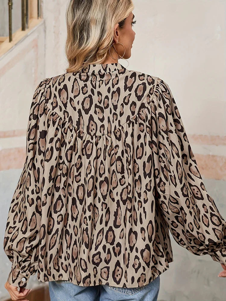 Plus Size 2025 Spring and Summer New Leopard Print Loose Long Sleeve Elegant Top