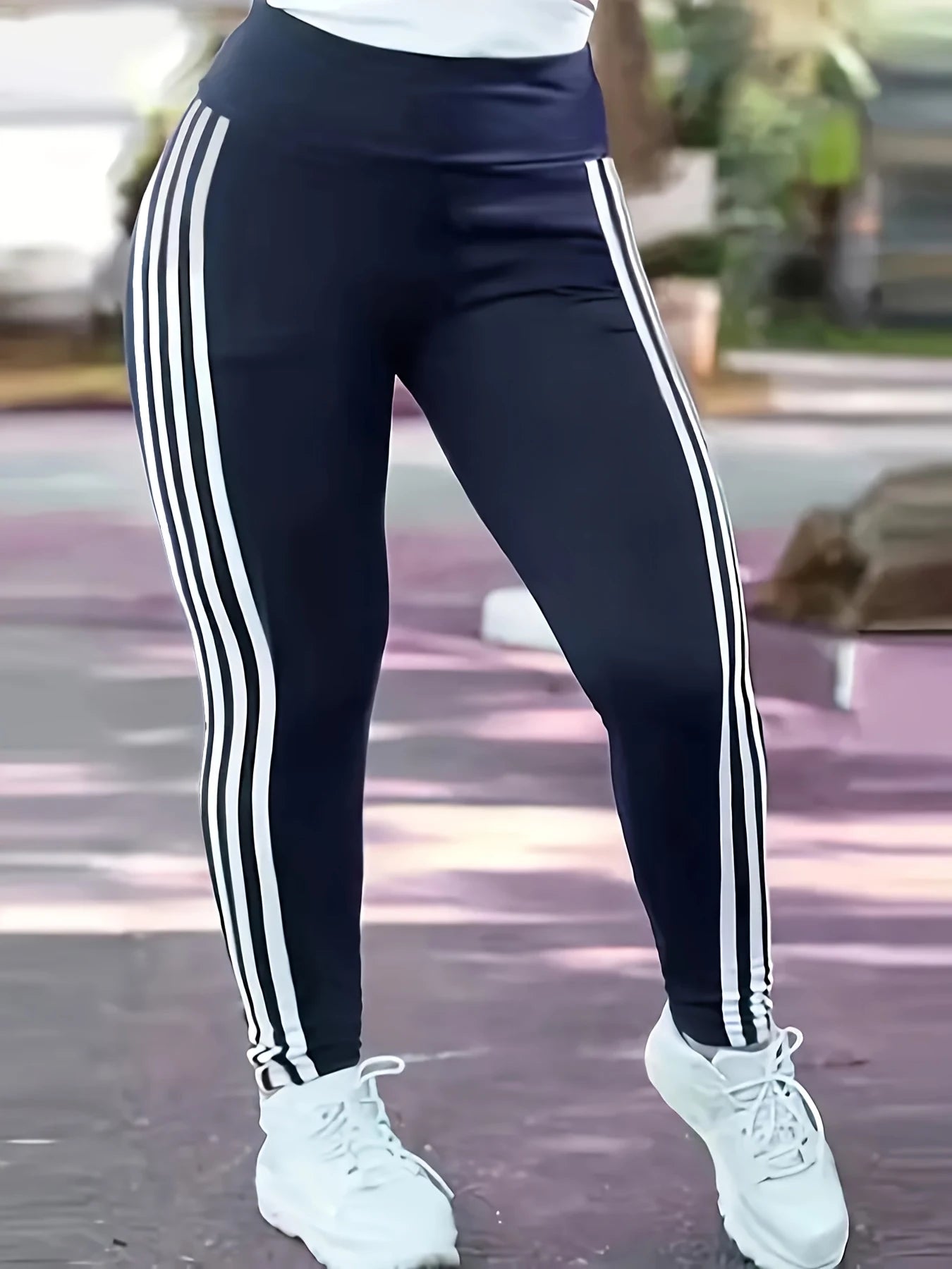 Women 1XL-5XL Plus Size Fashion Striped Leggings Casual Slim Sports Pants