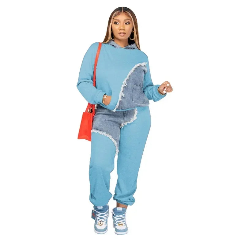 Women Denim Pocket Design Hoodie Top & Loose Pants Two Piece Set Fashion Street-Wear.  S-3X