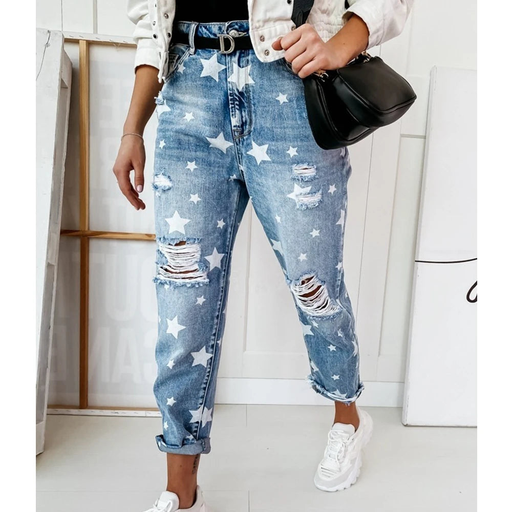 Women's High Waist Straight Leg Jeans - Ripped Denim with Star Pattern