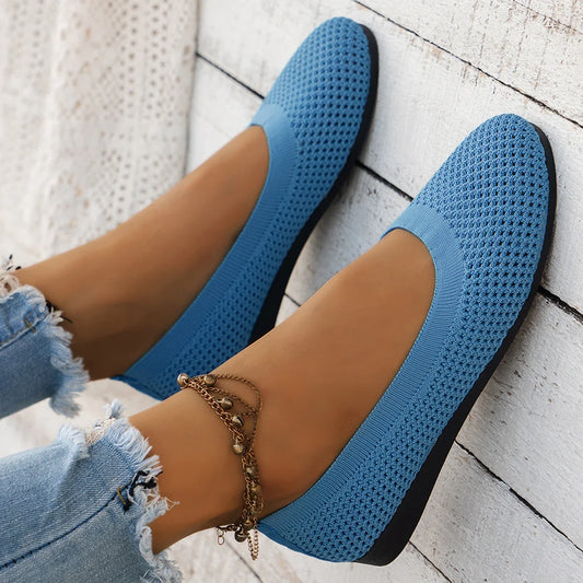 Women Round Toe Flat Solid Colour Knitted Slip Casual Breathable Comfortable Flats.